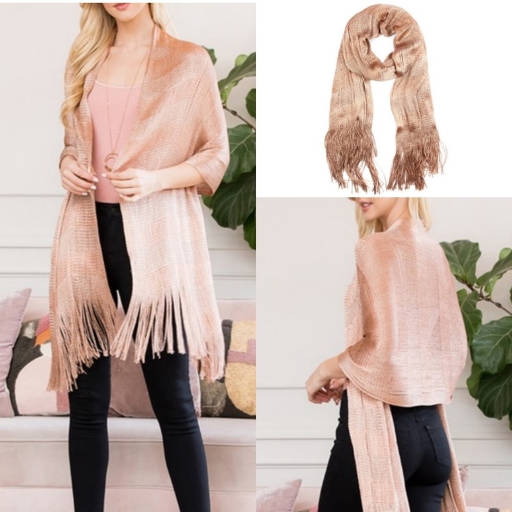 Rust Sparkle Knit Fringe Sheer shawl Scarf Wrap Beach Swim Cover Up
